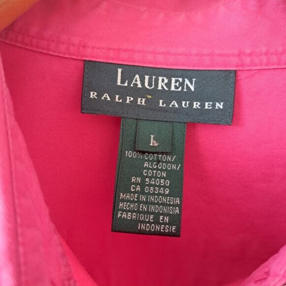 LAUREN Pink Button Down Camp Shirt Large Cotton Roll Tab Sleeve Pockets - Picture 6 of 11